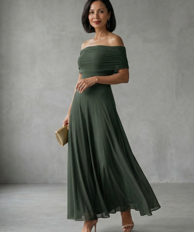 Carolina - Vestido Midi Drapado com Ombro Descoberto