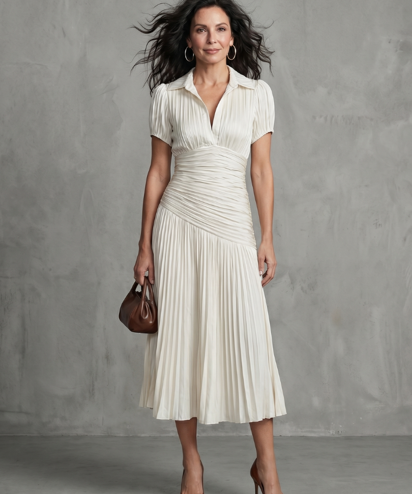 Auria - Vestido midi com cintura plissada e riscas
