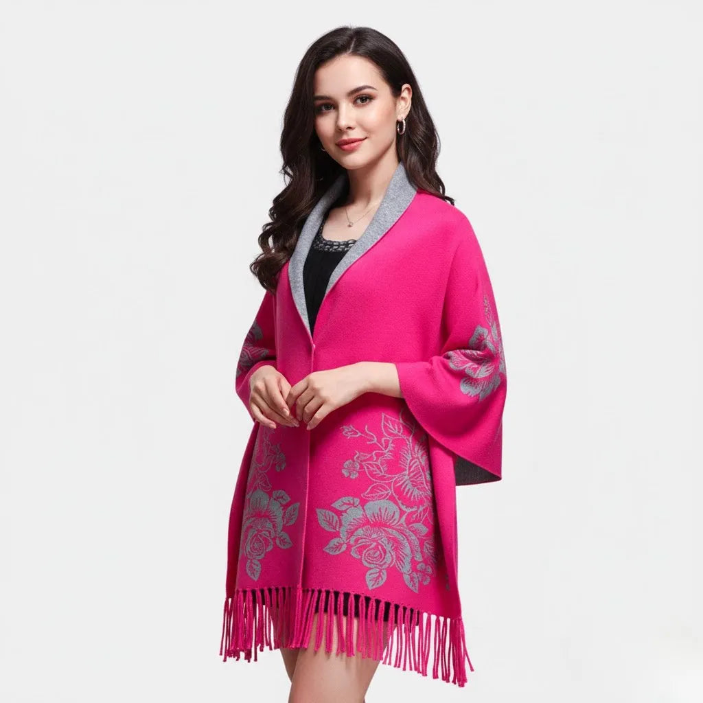 Cardigan tipo kimono em malha elegante | Corte amplo | Padrão floral com franjas