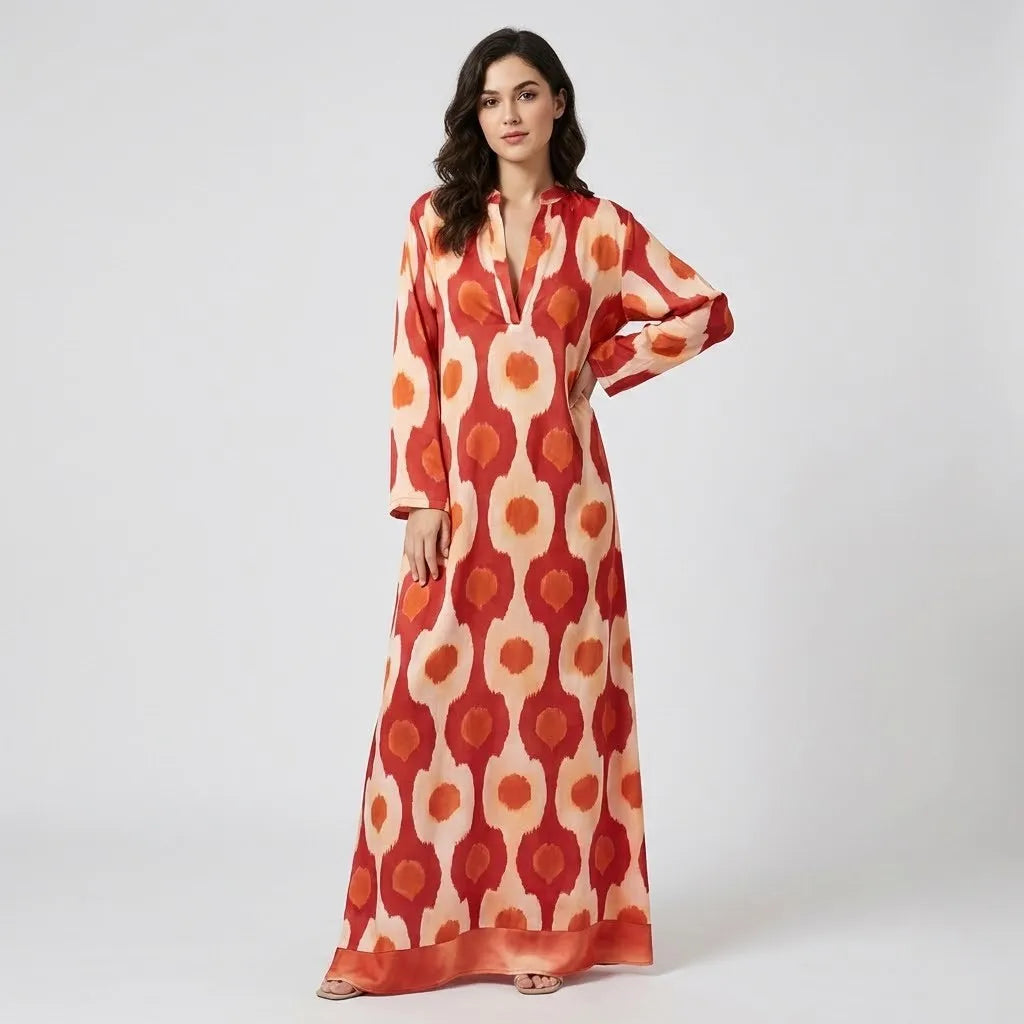 Vestido comprido fluido com estampado geométrico | Corte solto | Elegância boémia