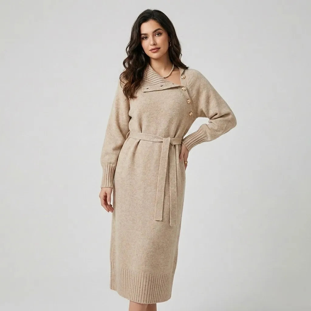 Vestido midi em malha suave com cinto | Corte direito | Conforto elegante