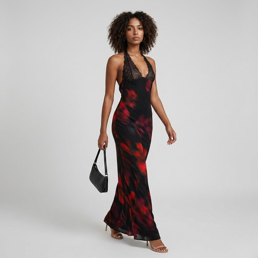 Vestido Comprido com Alças Halter e Silhueta Elegante para Eventos