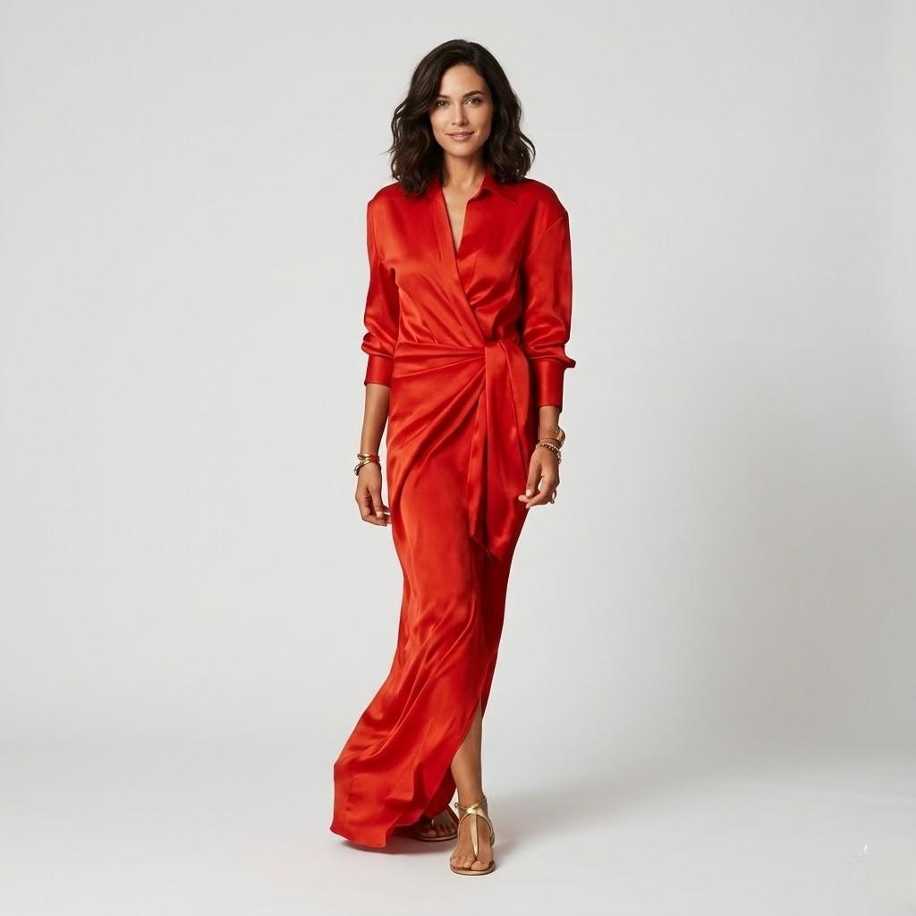 Vestido comprido elegante em mistura fluida | Silhueta alongada | Drapeado frontal sofisticado