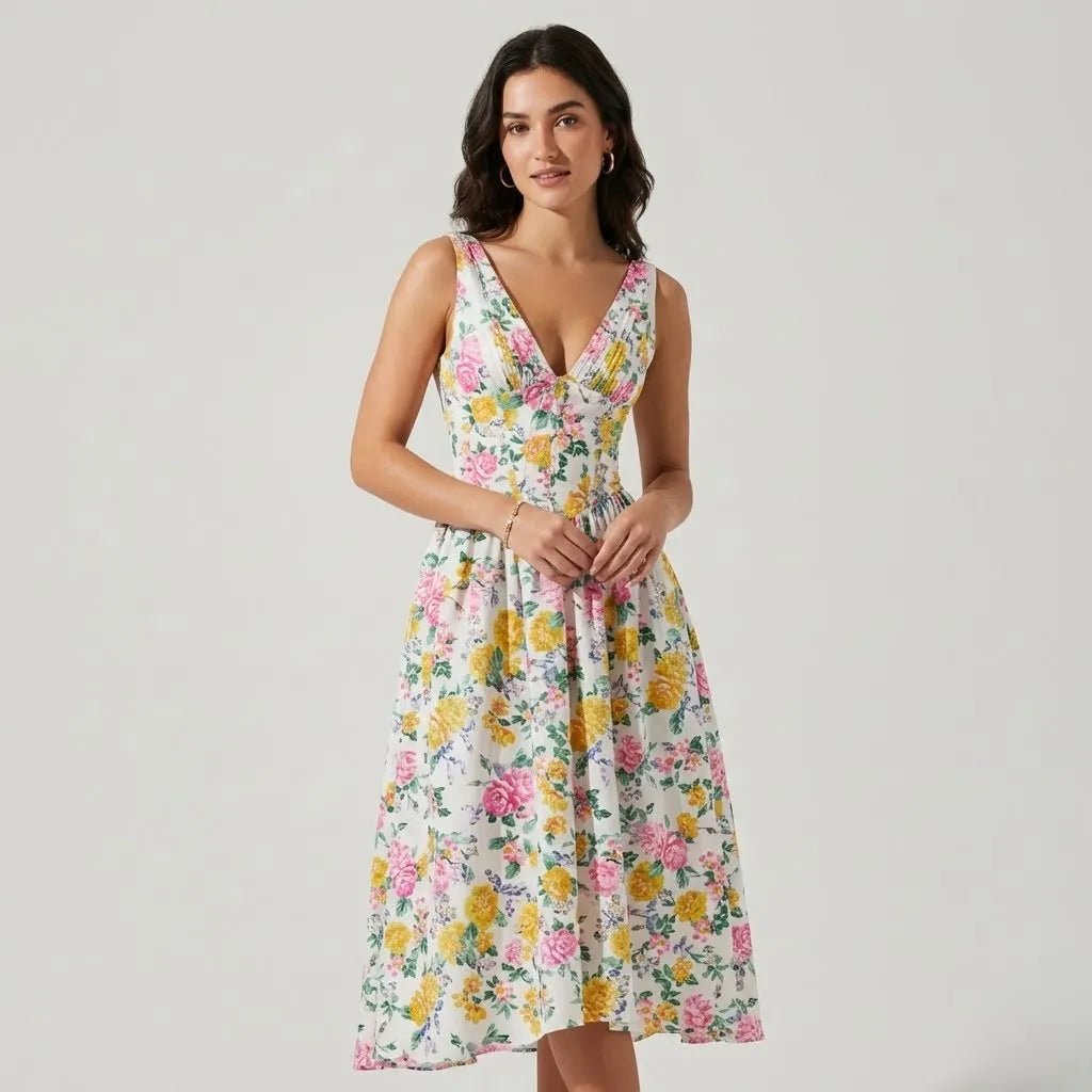 Vestido midi estampado em mistura de algodão | Corte evasé | Feminilidade natural