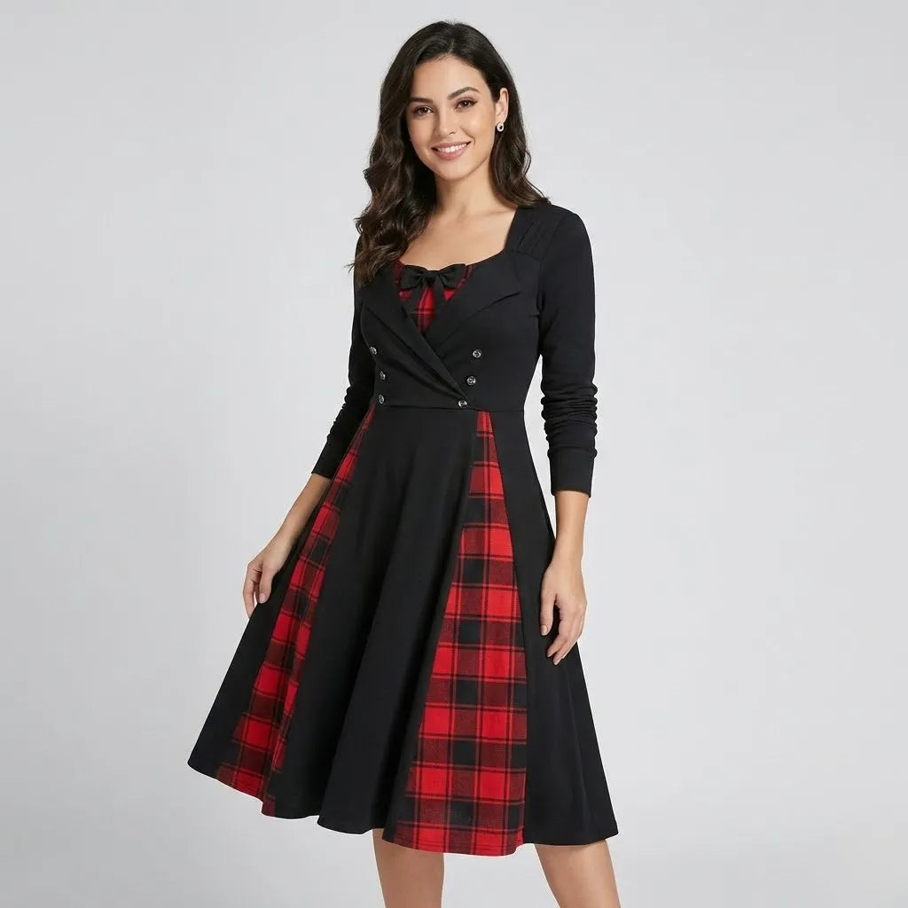 Vestido midi estruturado com painéis xadrez | Corte evasé | Elegância contemporânea