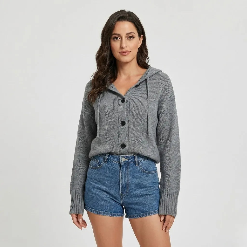Conforto urbano em malha suave | Cardigan com capuz e botões | Estilo casual moderno
