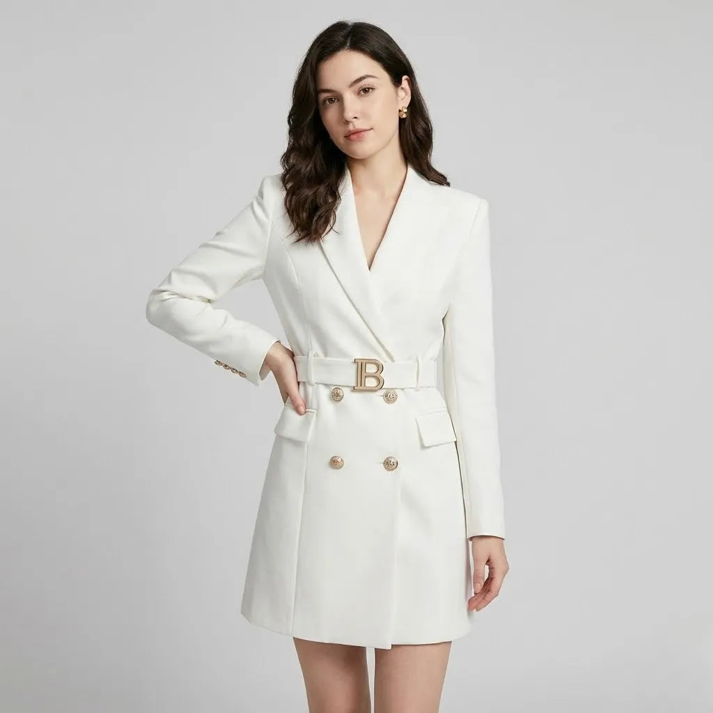 Blazer vestido estruturado de alfaiataria | Corte cintado | Botões dourados elegantes