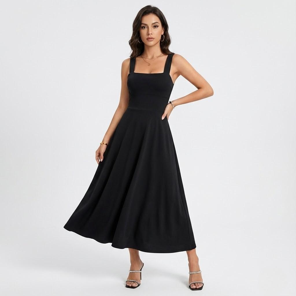 Vestido midi fluido de linhas puras | Corte evasé | Elegância intemporal