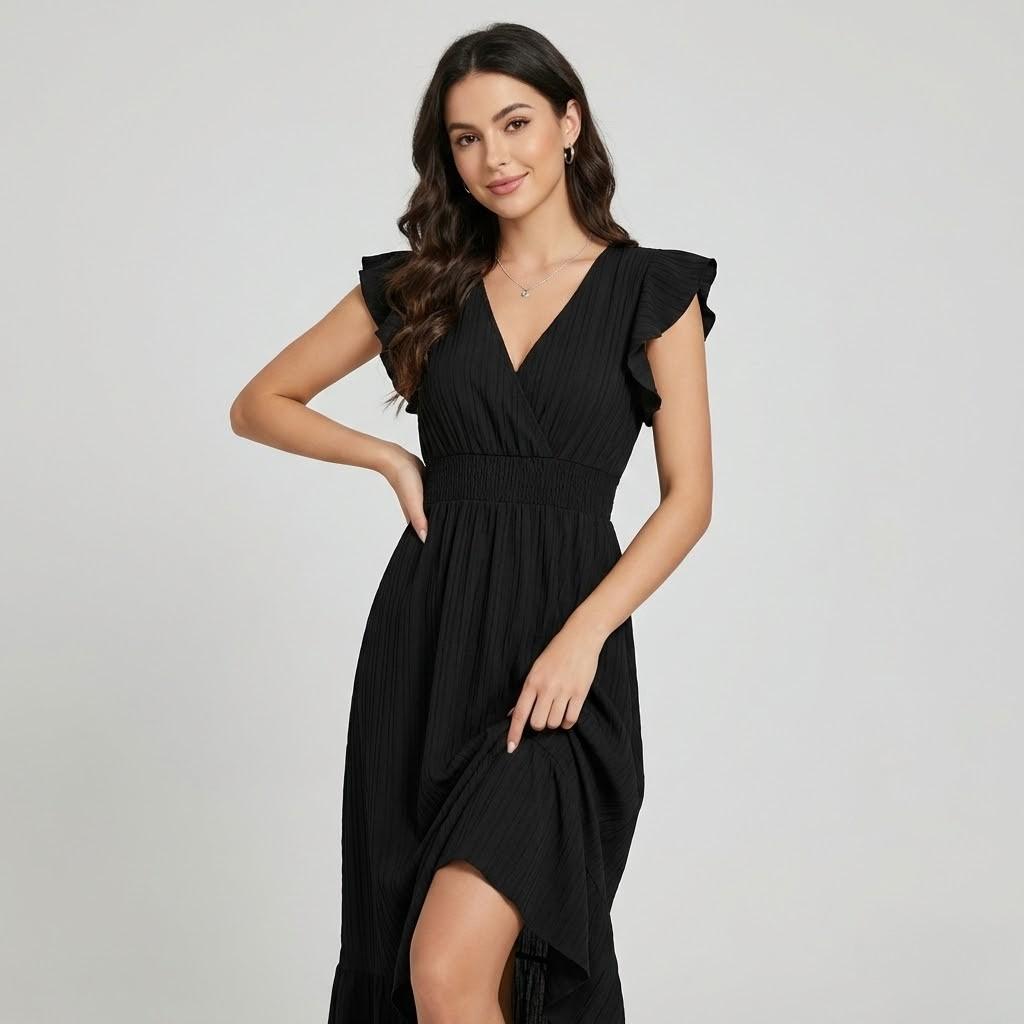 Vestido fluido em mistura de viscose | Cintura marcada | Elegância leve para o quotidiano