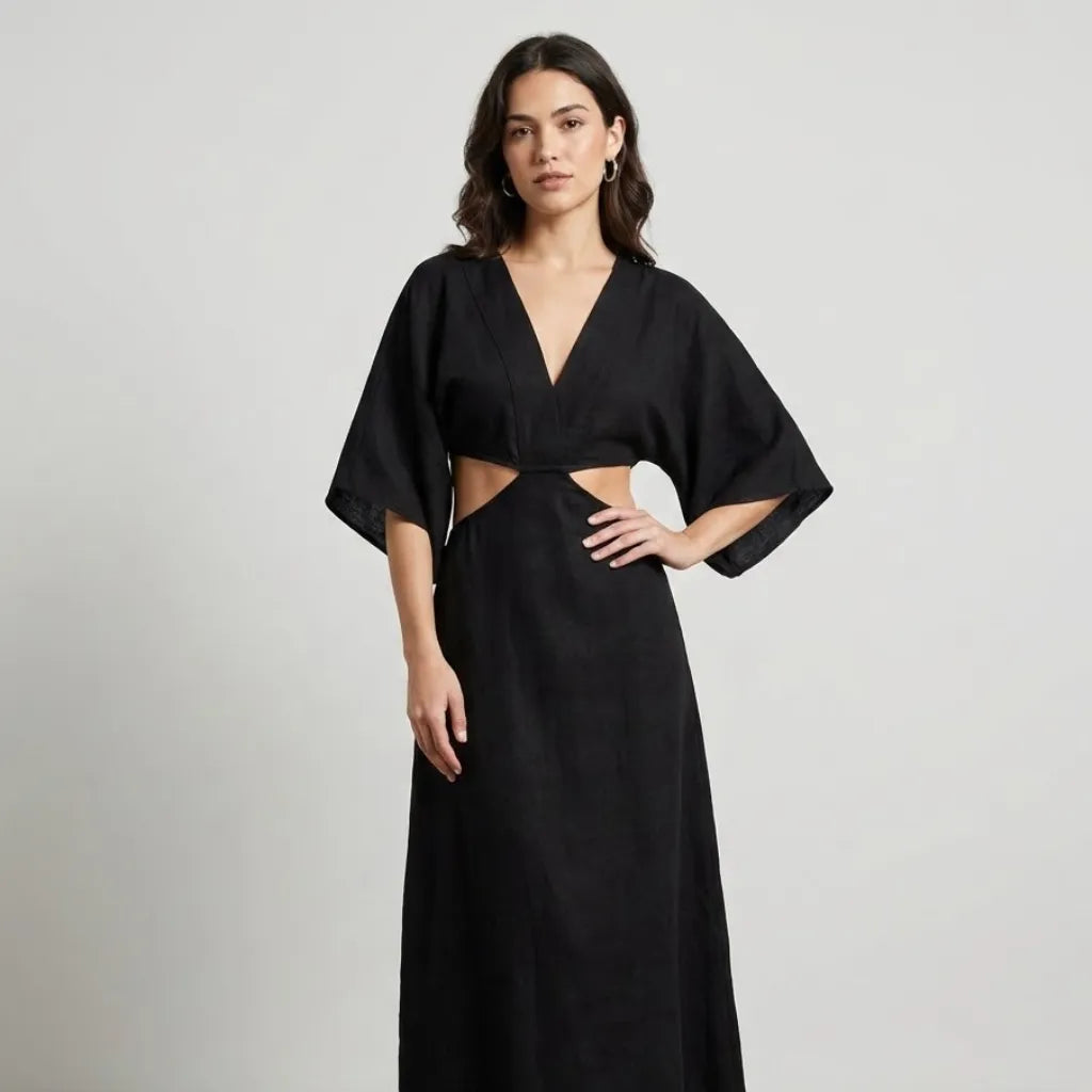 Vestido midi fluido em mistura de algodão | Recortes na cintura | Elegância boémia