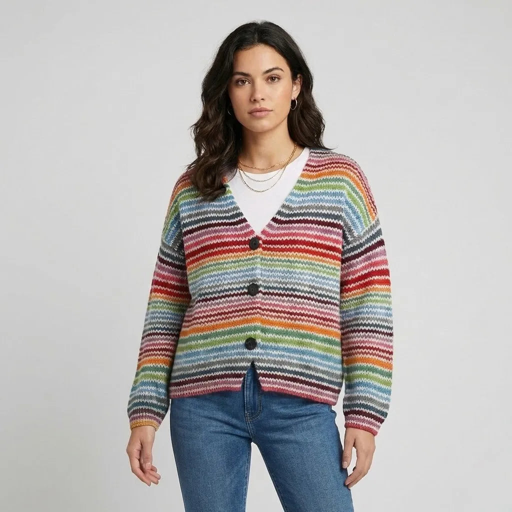 Cardigan em malha multicolor | Corte descontraído | Estilo criativo para o dia-a-dia