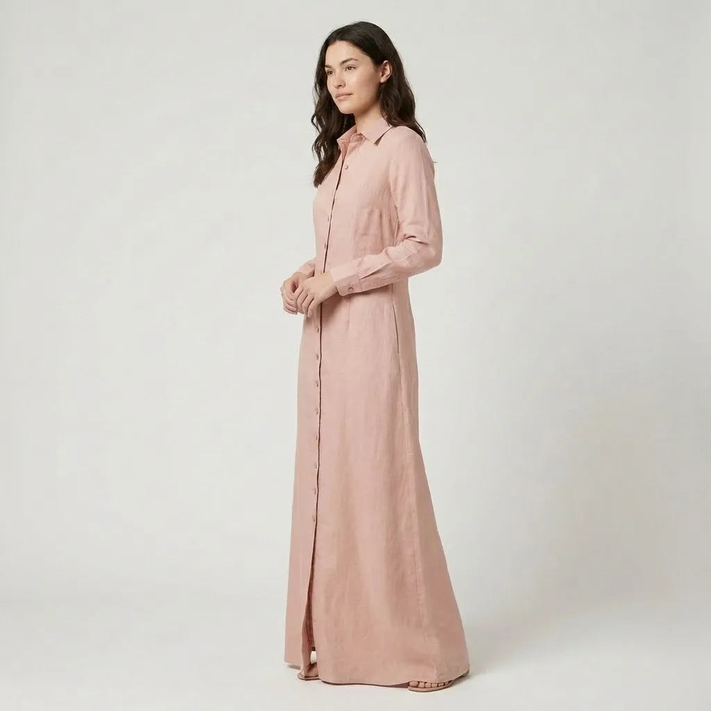 Vestido Comprido Camiseiro com Botões Frontais e Corte Fluido