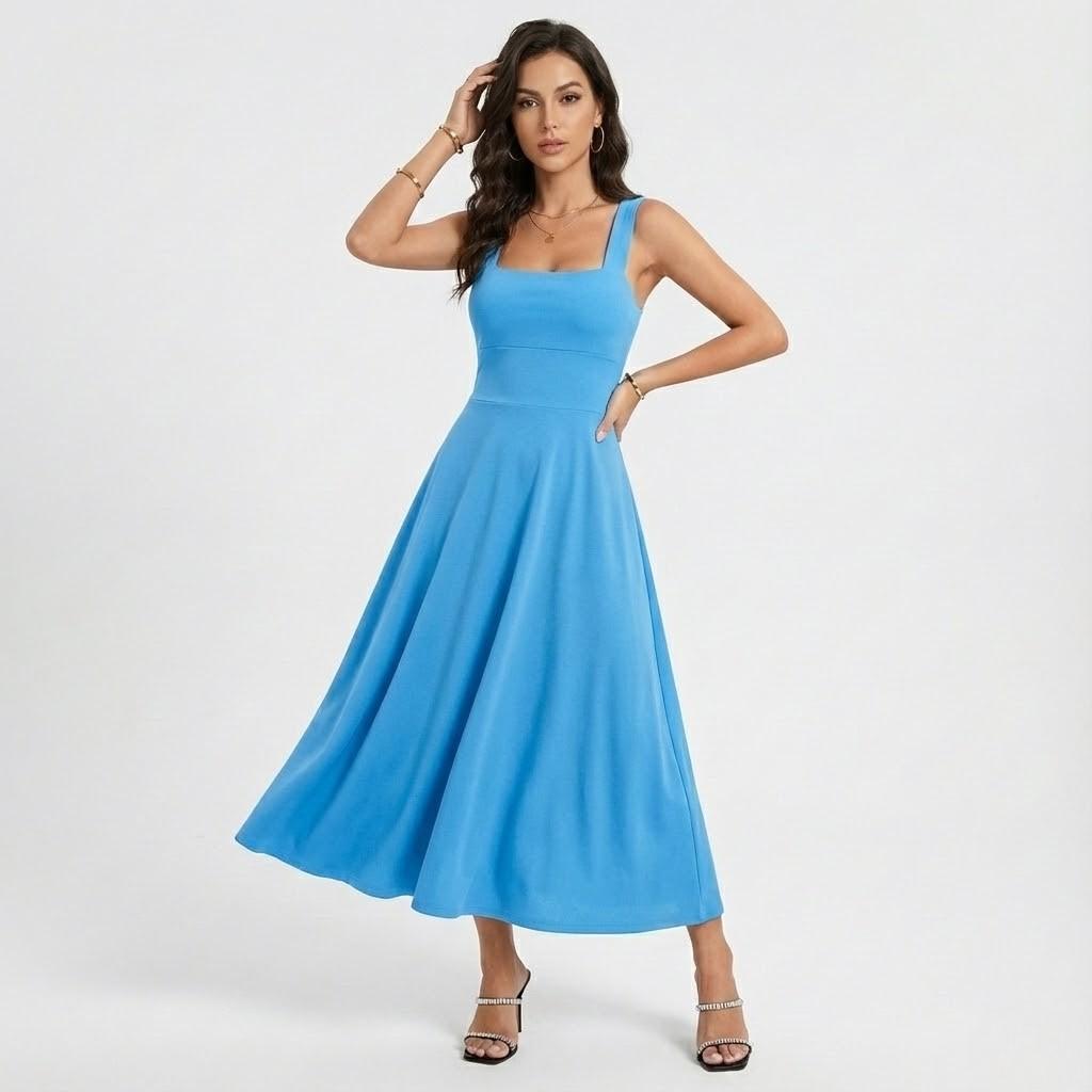Vestido midi fluido de linhas puras | Corte evasé | Elegância intemporal