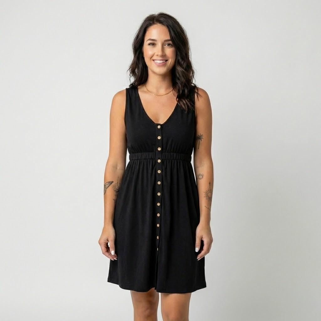 Vestido casual em algodão leve | Corte evasé | Botões frontais funcionais