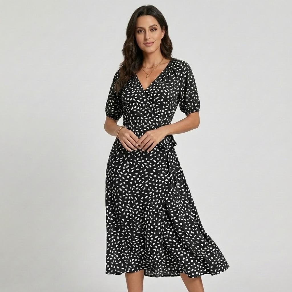 Vestido cruzado de verão em mistura de viscose | Corte fluido | Estampa delicada feminina