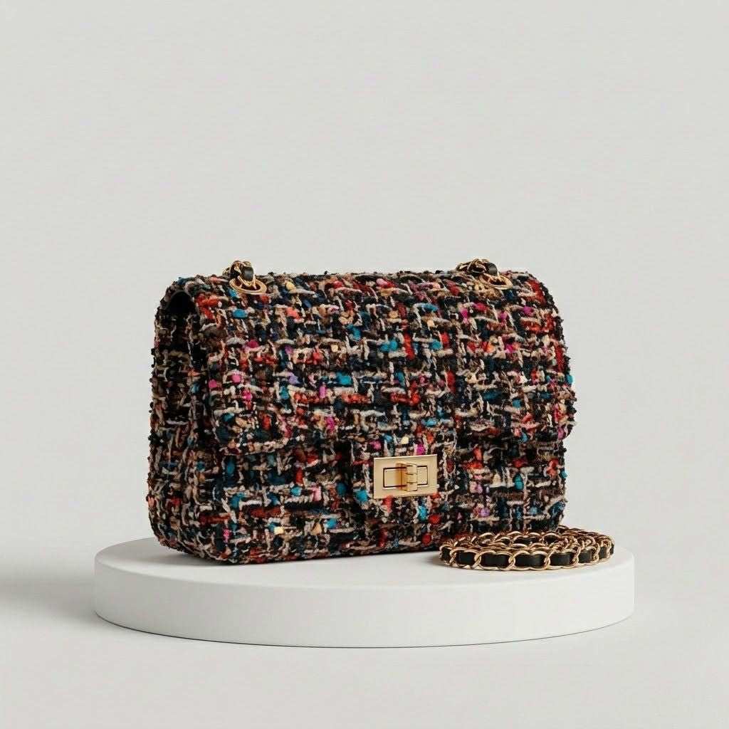 Mala Tiracolo Tweed com Aba Estruturada e Corrente Metálica