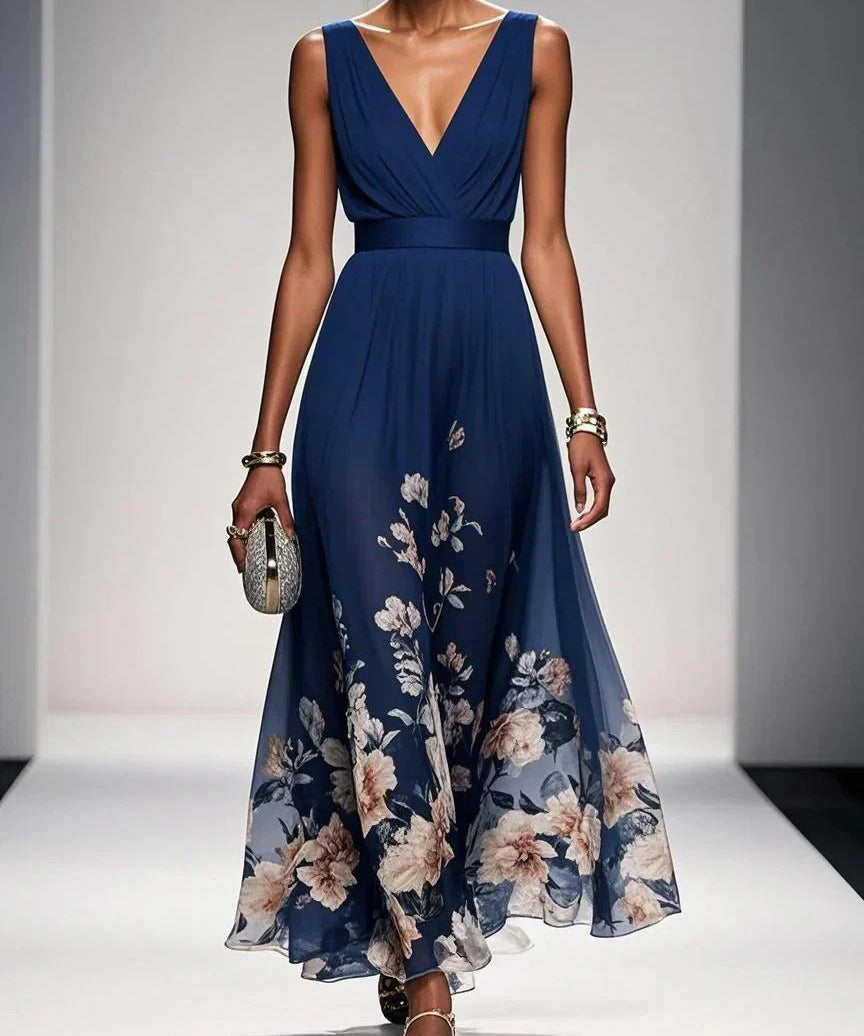 Rosa | Vestido Maxi de Chiffon Floral Azul Claro com Decote em V