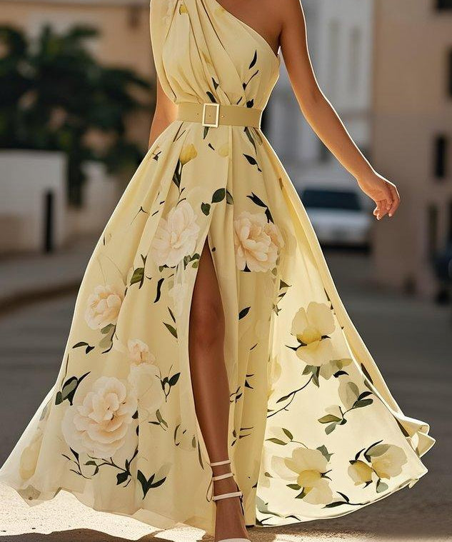Julie | Vestido Maxi de Chiffon Floral Verde Claro com Um Ombro