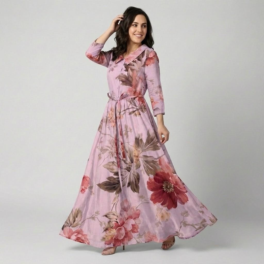 Vestido midi floral em linho | Cintura ajustada | Elegância intemporal