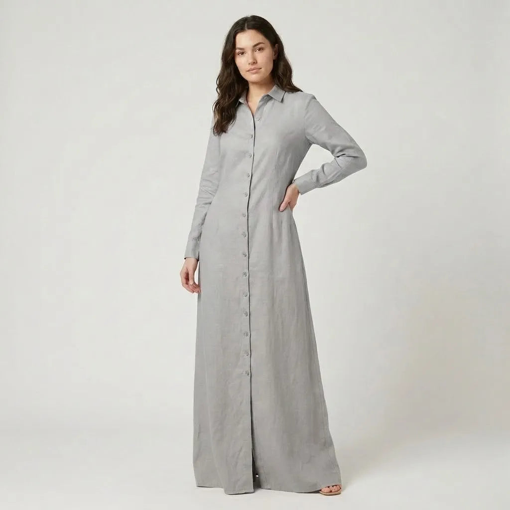 Vestido Comprido Camiseiro com Botões Frontais e Corte Fluido