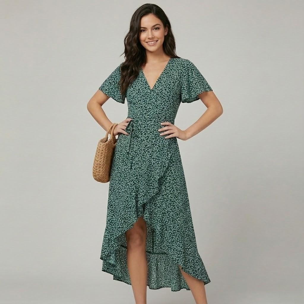 Vestido fluido com padrão delicado | Corte envelope | Elegância feminina