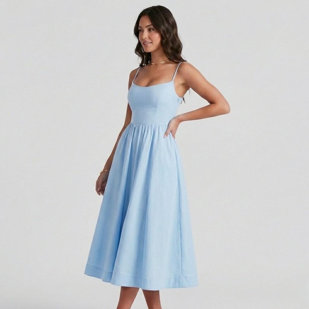 Vestido midi fluido em mistura de viscose | Alças finas | Silhueta feminina leve