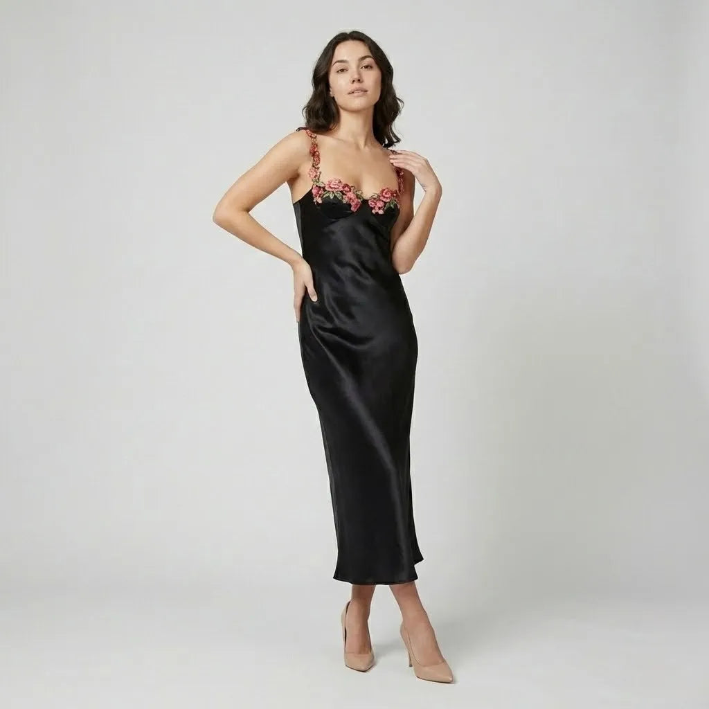 Vestido Midi Acetinado | Alças Finas | Corte Ajustado