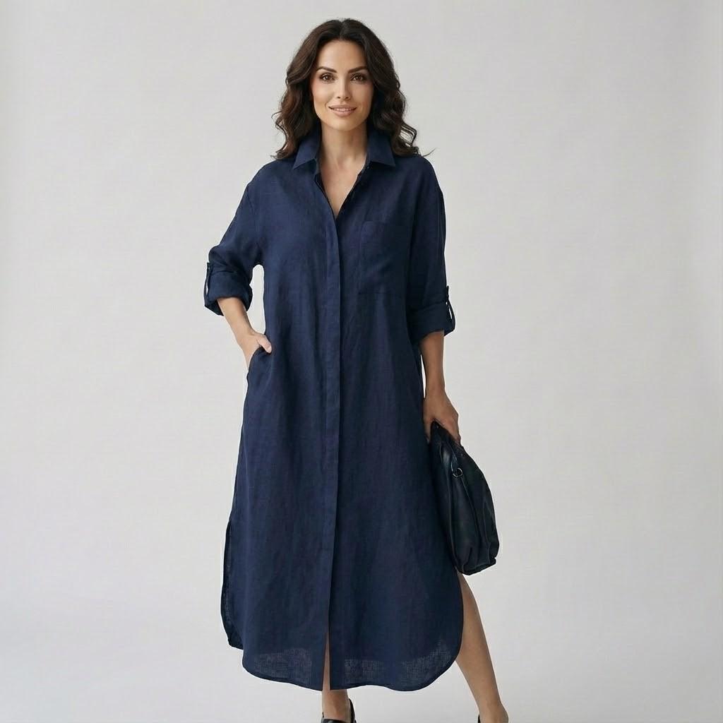 Vestido camiseiro em linho leve | Corte direito | Elegância natural