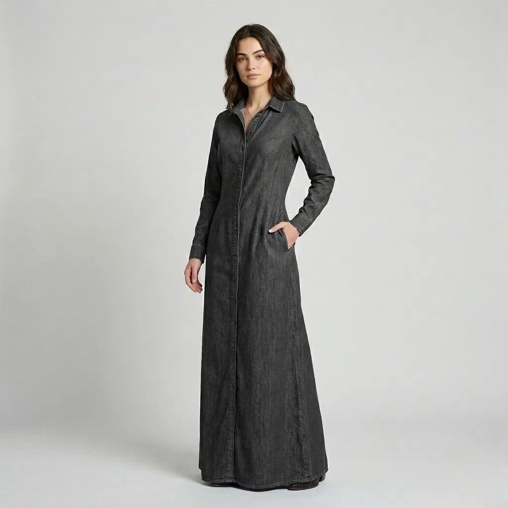 Vestido camiseiro longo em mistura de algodão | Corte direito | Elegância casual urbana