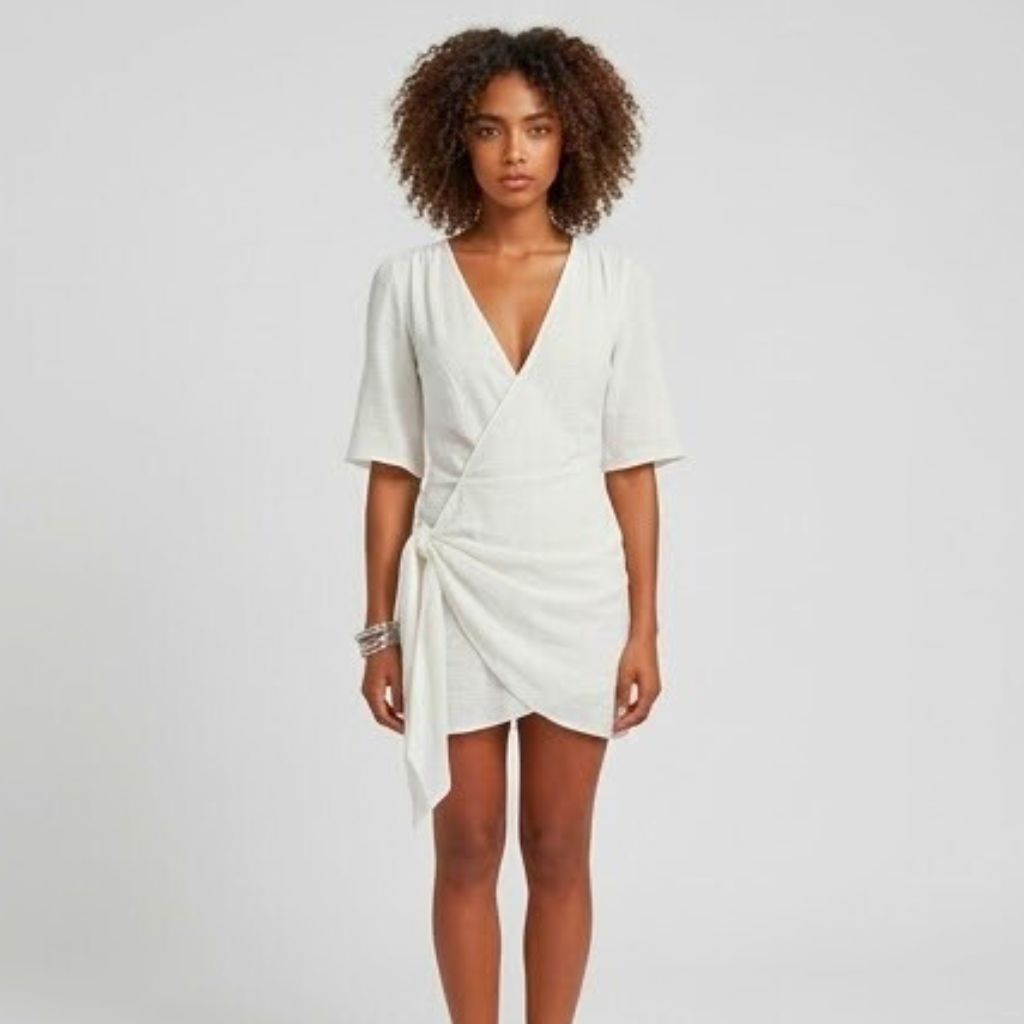Vestido Curto Cruzado com Drapeado Lateral para Elegância de Verão