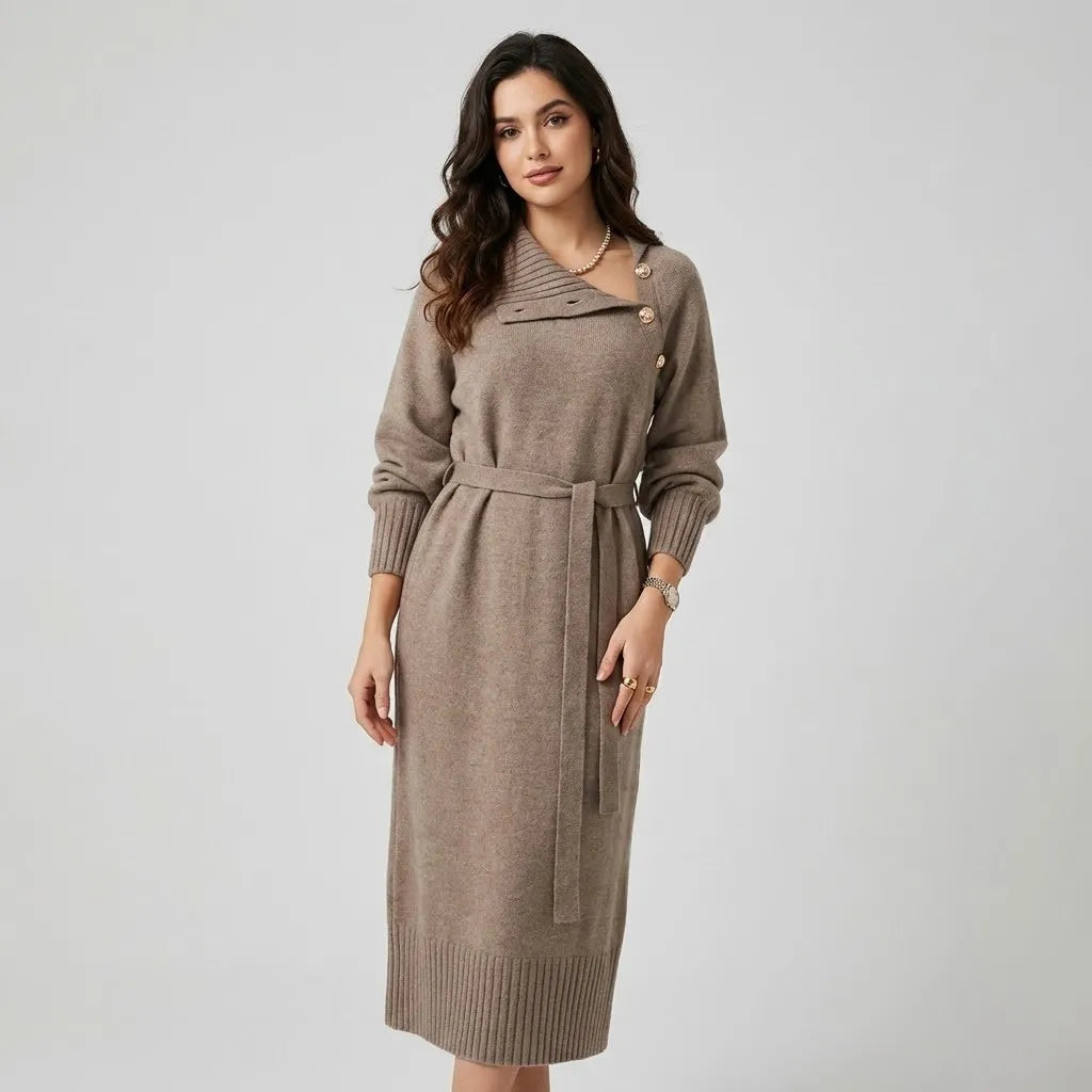 Vestido midi em malha suave com cinto | Corte direito | Conforto elegante