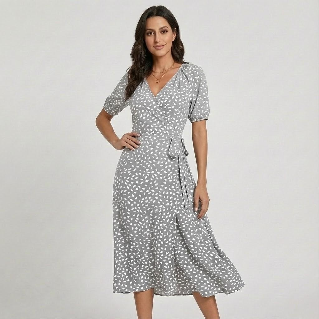 Vestido cruzado de verão em mistura de viscose | Corte fluido | Estampa delicada feminina