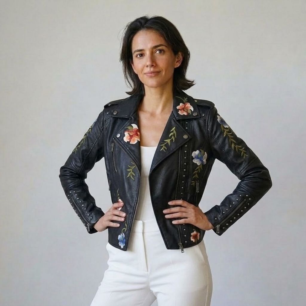 Casaco Biker Curto com Bordados Florais e Estrutura Marcante