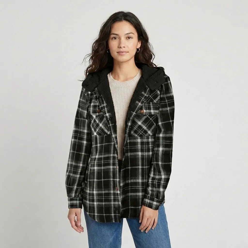 Conforto urbano com forro macio | Casaco aos quadrados com capuz | Estilo casual de inverno