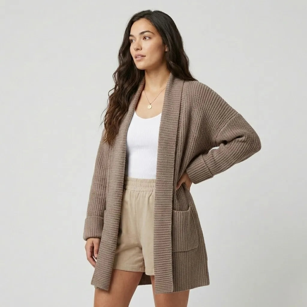 Conforto elegante em malha canelada | Cardigan comprido aberto | Estilo casual sofisticado