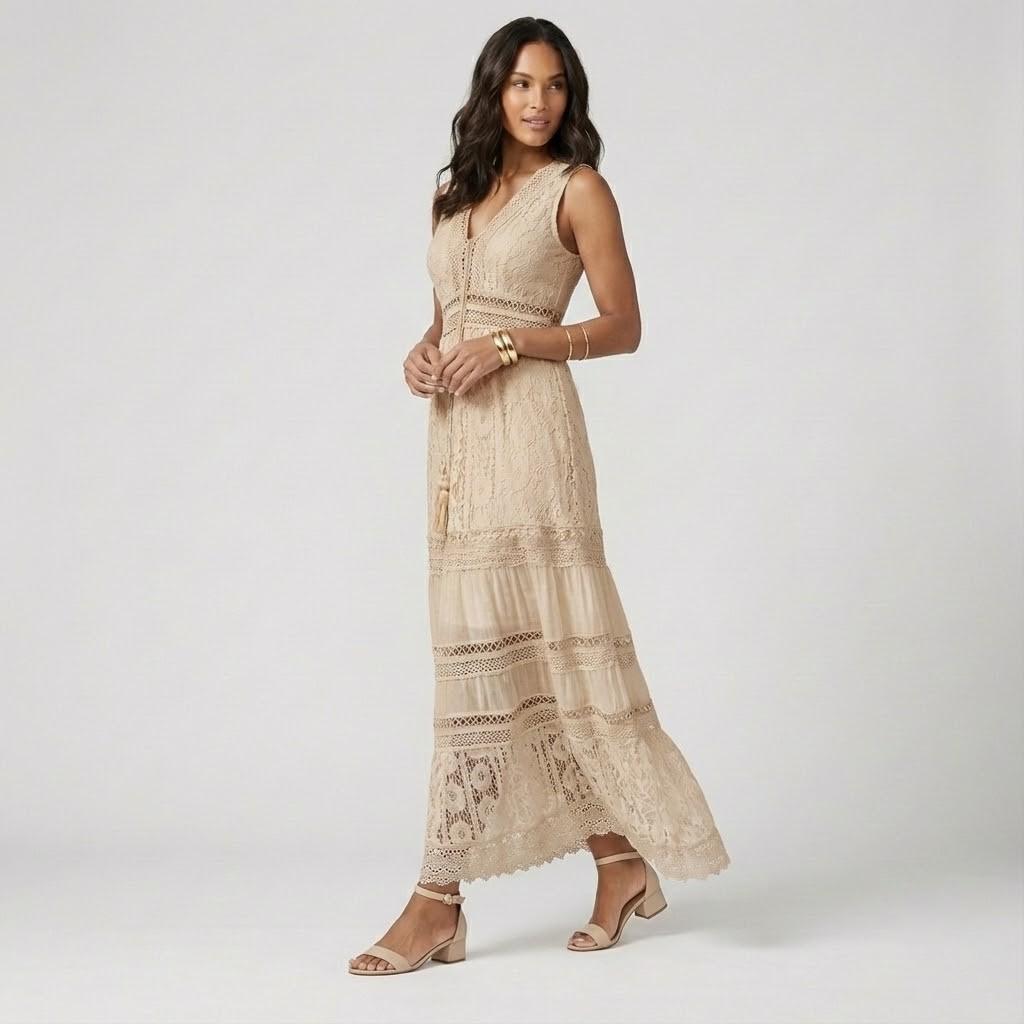 Vestido maxi boémio em tecido leve | Decote em V | Elegância natural