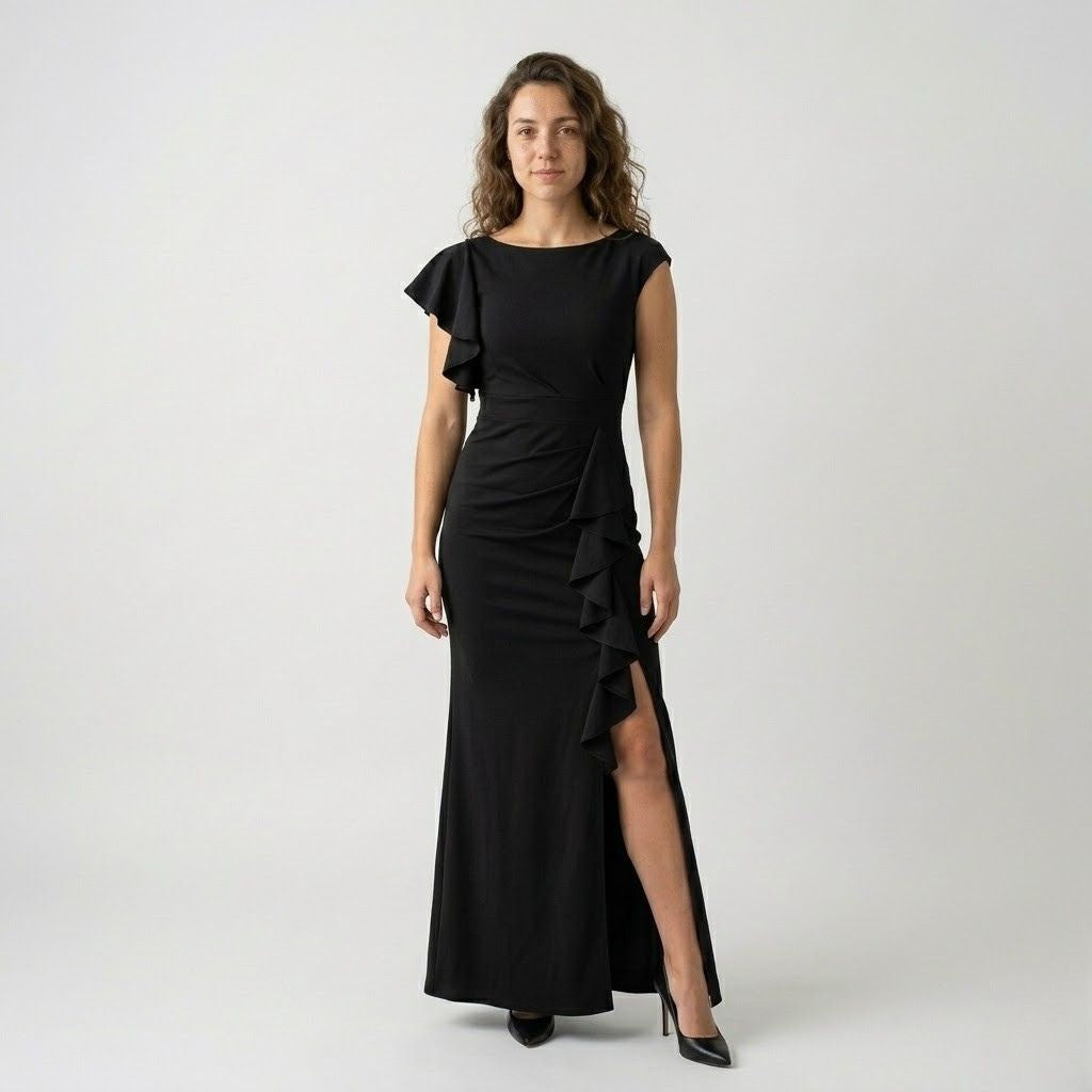 Vestido Comprido Ajustado com Folhos Assimétricos e Abertura Elegante