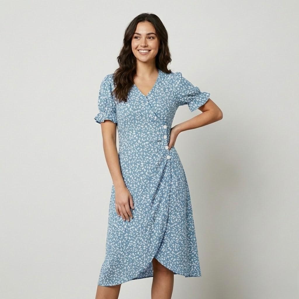Vestido midi floral em mistura de viscose | Corte feminino | Elegância natural
