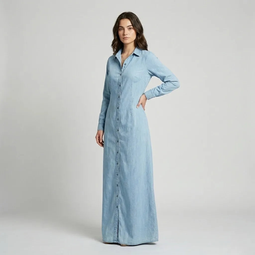 Vestido camiseiro longo em mistura de algodão | Corte direito | Elegância casual urbana