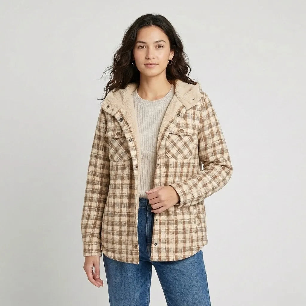 Conforto urbano com forro macio | Casaco aos quadrados com capuz | Estilo casual de inverno