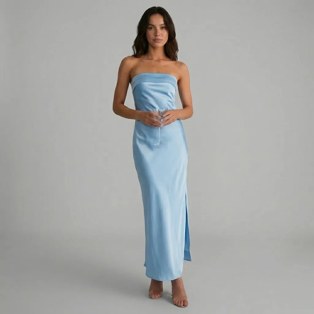 Vestido longo acetinado em mistura de viscose | Corte justo | Elegância minimalista