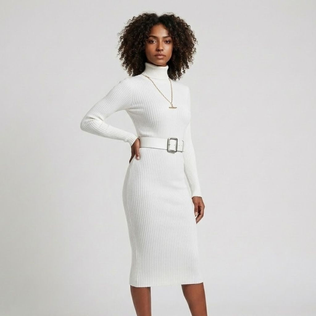 Vestido de Malha Canelada Ajustado com Gola Alta e Cinto Estruturado