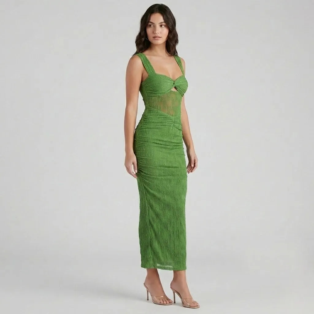 Vestido Midi Ajustado em Malha | Decote Torcido | Efeito Texturado