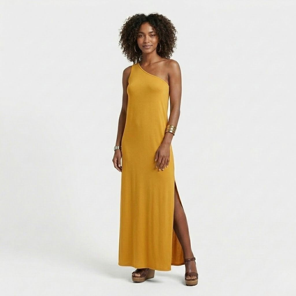 Vestido Comprido Fluido de Um Ombro com Abertura Lateral
