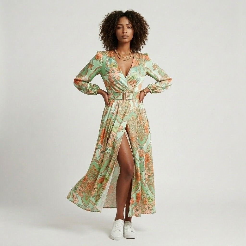 Vestido Fluido com Cintura Marcada e Abertura Frontal Elegante