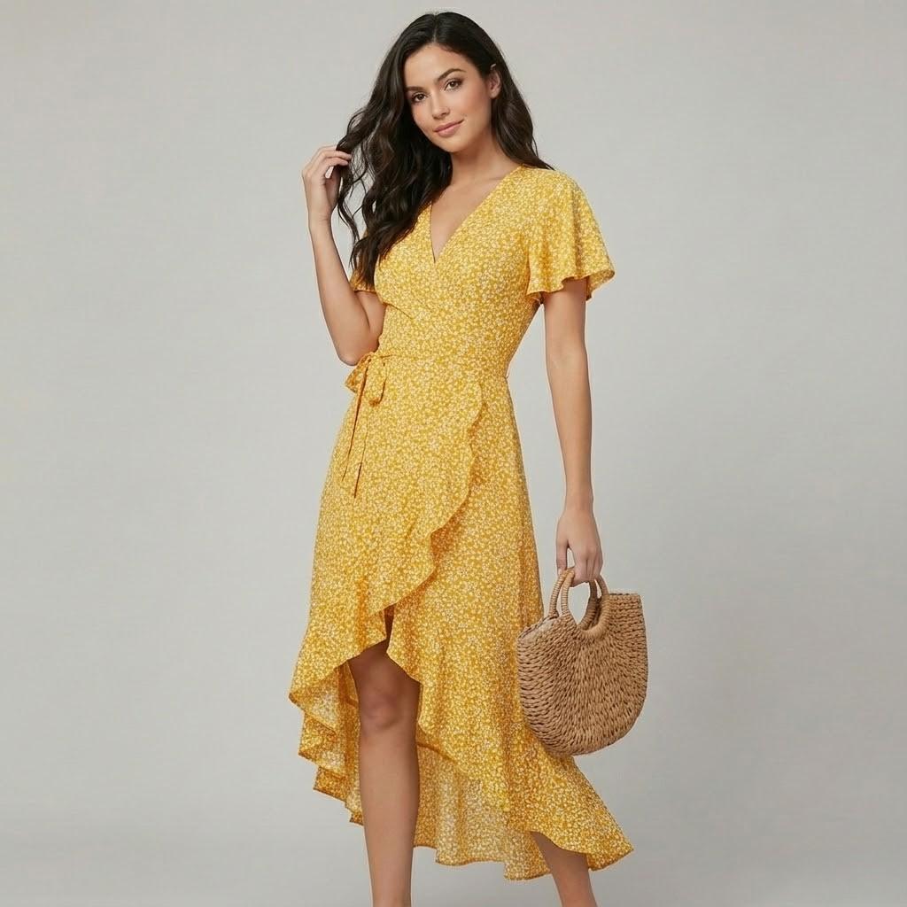 Vestido fluido com padrão delicado | Corte envelope | Elegância feminina
