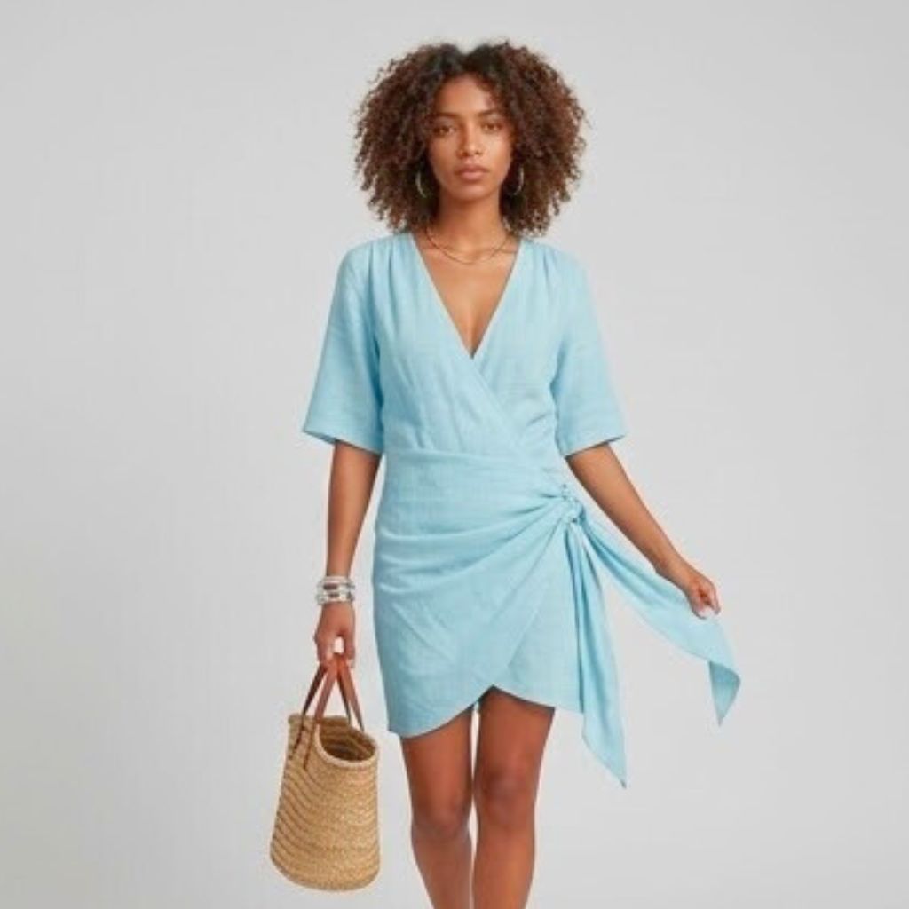 Vestido Curto Cruzado com Drapeado Lateral para Elegância de Verão