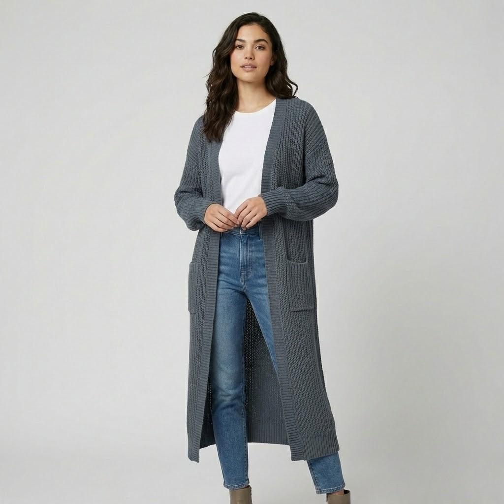 Cardigan longo em malha texturada | Corte solto | Estilo urbano elegante