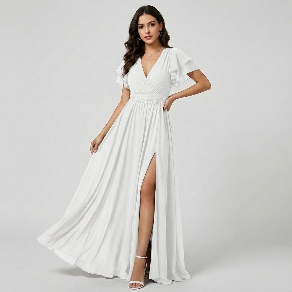 Vestido longo elegante em tecido fluido | Decote em V | Detalhe de folhos
