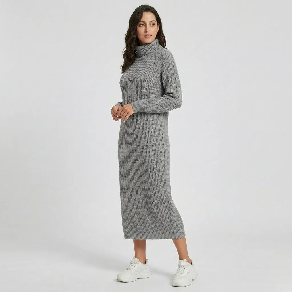 Vestido Maxi de Malha | Gola Alta | Malha Canelada